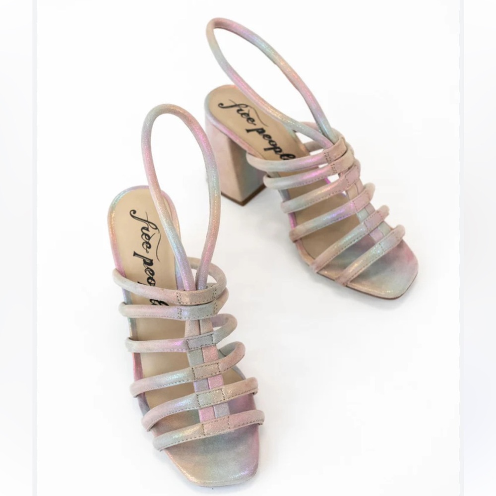 Free‎ People Colette Cinched Strappy Block Heel Metsllic Rainbow Iridescent 38